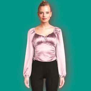Madden NYC’s Junior’s Ruched Emma Top with Long Sleeves. Shiny Satin. NWT.